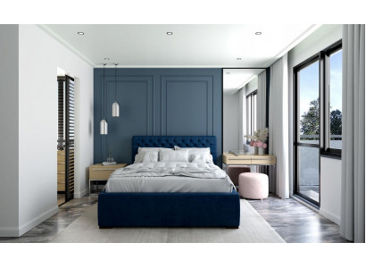 Bett Blo Modern Design Stoff Polster Schlofzëmmer Duebelbett Holz Elegantes Neit