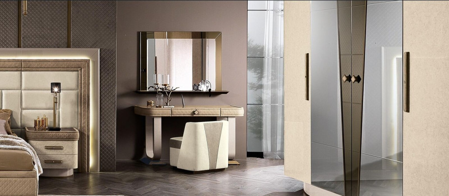 Make-up Dësch Schlofzëmmer Hocker Set Komoud Dësch Konsol Spigel
