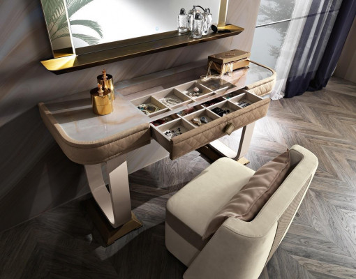 Make-up Dësch Schlofzëmmer Hocker Set Komoud Dësch Konsol Spigel