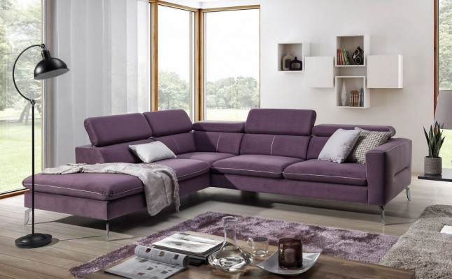 E präisst abgehalen Eckcanapé am moderne Stil fir Äert Doheem mat purpurroude Luxuspolsterung.