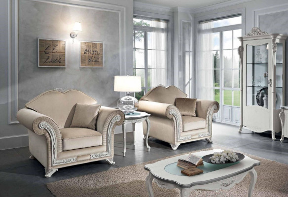Fauteuil Luxus Klassesch Einsëtzeger Holz Beige Lehnstull Wunnzëmmer Miwwelen Italien