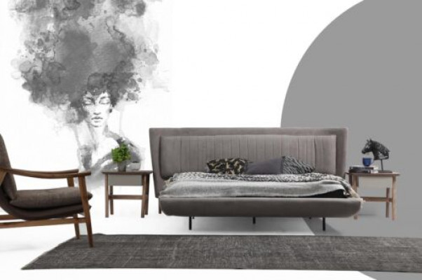 Garnitur Schlofzëmmer Duebelbett Bett Nuetsdëscher Gri Set 3tlg Stoff