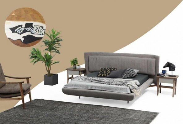 Garnitur Schlofzëmmer Duebelbett Bett Nuetsdëscher Gri Set 3tlg Stoff