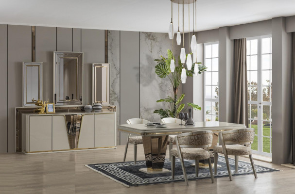 Luxus Iessgruppe Iesszëmmer Iessdësch Garnitur Still Iesseck Béich 6-Deelerset