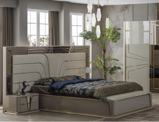 Schlofzëmmer Garnitur Duebelbett Luxus Bett Modern Beige Set 3 Deeler Nei