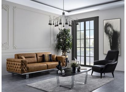 Kanapé-Set Komplett Sofa 3+1 Sëtz Fotelli Kënschtledert Braun Set 2tlg