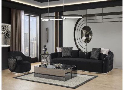 Sofasett Sofa 4 Sëtzer Fotell Véiersëtzer Stoff Schwaarz Polyester