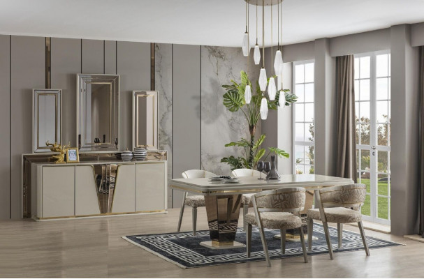 Iesszëmmer Luxus Iessgrupp Iesszëmmer Iessdësch Garnitur Still Beige 5 Stéck