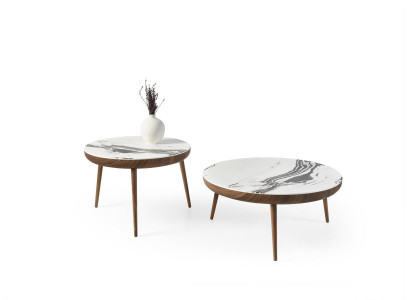 Salontisch Set 2 Stéck. Dësch Wunnzëmmer Miwwelen Ronn Wäiss Holz Design