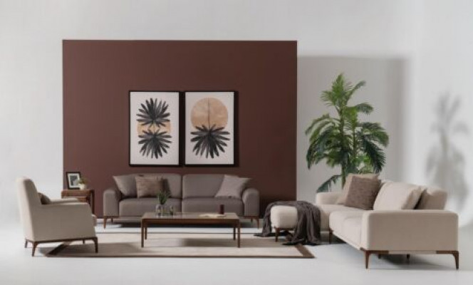 Wunnzëmmer Eckcouch L-Form Sofa 3 Still Dësch 2x Niewendëscher Set