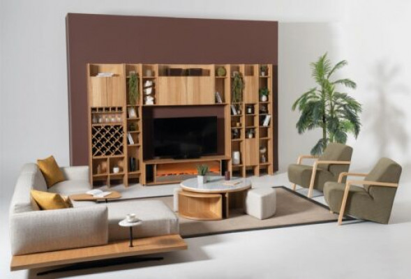 Wunnwand mat Elektrokamin Wunnwänn Ecke-Canapé Sessel Komplett Set 5 Deeler