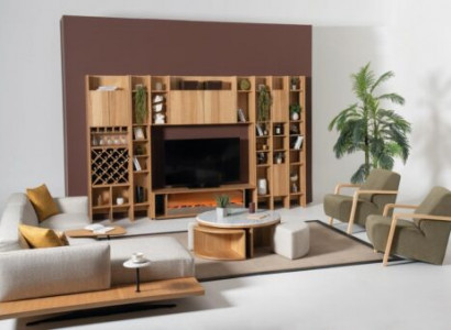 Wunnwand mat Elektrokamin Wunnwänn Ecke-Canapé Sessel Komplett Set 5 Deeler