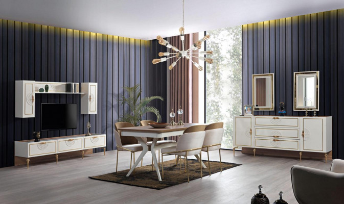 Iesszëmmer Set Garnitur Dësch 4x Still Säitbänk 2x Spigel Wunnwand 11 Deeler.