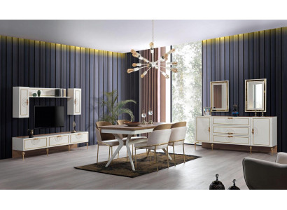 Iesszëmmer Set Garnitur Dësch 4x Still Säitbänk 2x Spigel Wunnwand 11 Deeler.