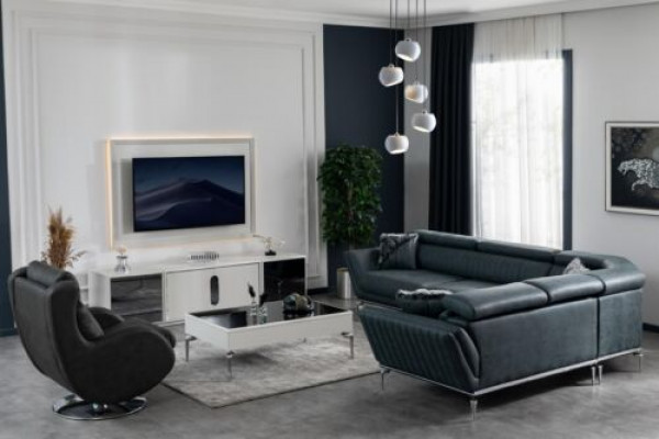 Wunnzëmmer Set Ecksofa L-Form TV-Ständer Fernsehwand Garnitur Design