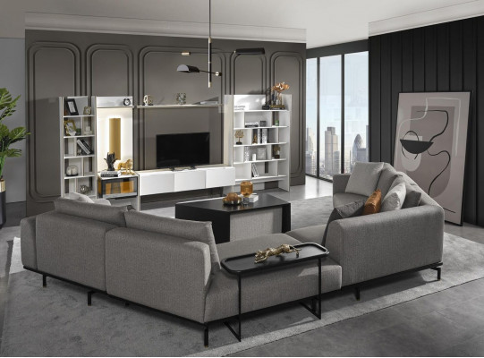 Ecksofa Sofa Canapé Textil Wunnlandschaft Luxus Miwwel U Form Dësch