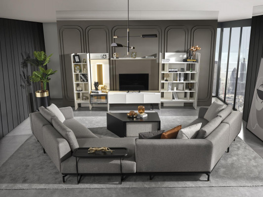 Ecksofa Sofa Canapé Textil Wunnlandschaft Luxus Miwwel U Form Dësch