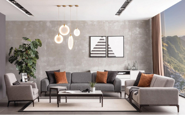 Wunnzëmmer Canapé 3 Sëtz Design Stil Miwwelen Modern Sofas gro