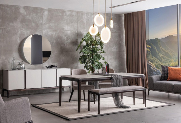 Iesszëmmer Set Dësch 2x Still Anrichte Spigel Bänk 6tlg Iessgrupp Nei