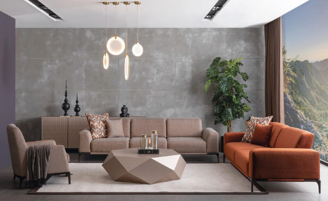 Wunnzëmmer Fotell Design Canapé Luxus Polster Modern Braun Holz Textil