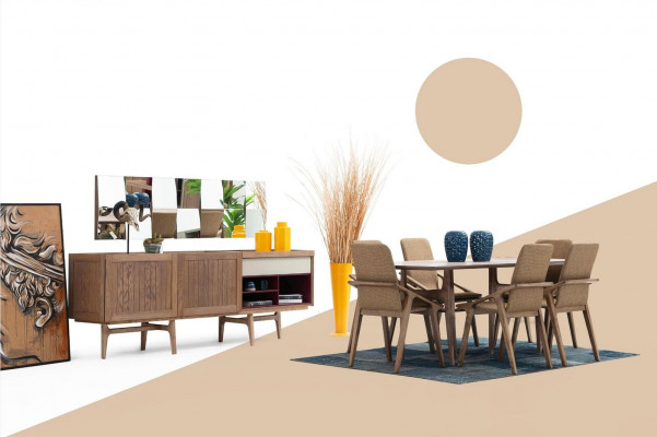 Iesszëmmer Grupp Iessdësch Stull Dësch Holz Set 7stk Braun Dëscher Nei