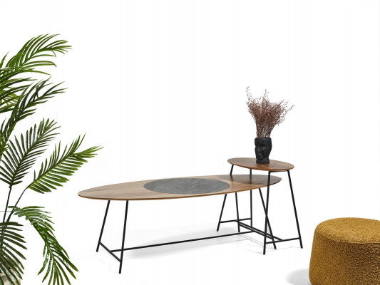 Moderne Dësch Couchtisch Säitentisch Design Wunnzëmmer Holz Oval 2 Deeler.