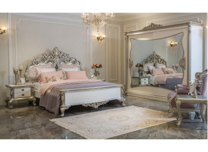 Schlofzëmmer Set Luxusbett 2x Nuetsdësch Kleederschaf Fotell 6 Deeler.