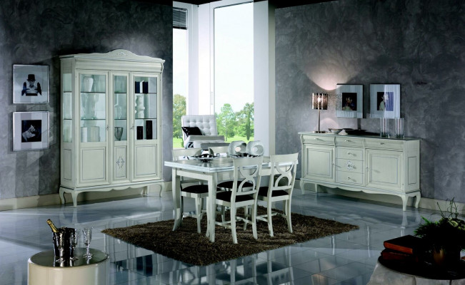 Design Iesszëmmer Set Garnitur 7 Deeler Holz Miwwelen Kommode 4x Stull Dësch Vitrine Nei