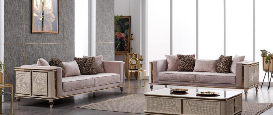 Sofa Canapé Polster Miwwelen Designer Canapéen 3+3 Sëtzer Textil Grouss Sofen