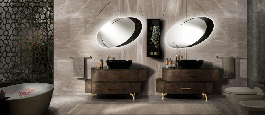 Design Buedzëmmer Miwwelen Bad 6 Stéck Set Schief Garnitur Wäschbecken Beliichtung