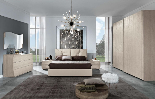 Luxus Set 6-tlg. Schlofzëmmer Bett Nuetsdësch Kommode Spigel Kleederschaf Nei