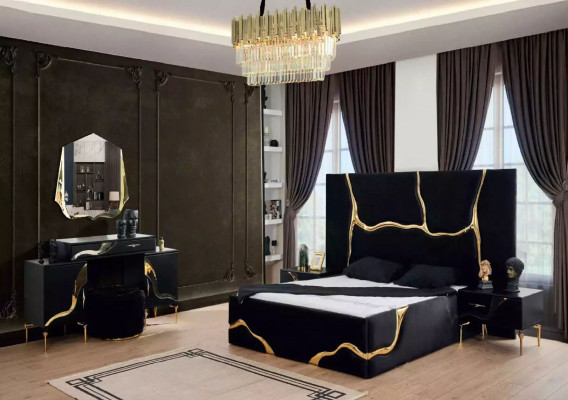 Luxe Schlofzëmmer Miwwelen Bett mat gëllenen Schlaange Muster Better 200x200