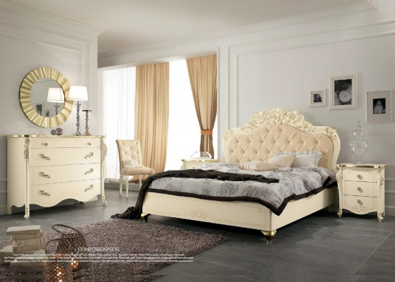 Schlofzëmmer Set Beige Schlofzëmmer Bett Nuetsdësch Kommode Spigel Stull 6 Deeler.