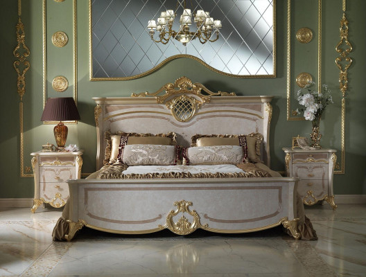 Schlofzëmmer-Miwwel-Set - Bett mat zwee Nuetsschräiner am moderne Stil.