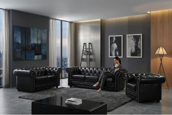 Chesterfield Liederkanapé Kanapé Couch Polster Sëtz Set Polster Garnitur 3+2 Sëtzer