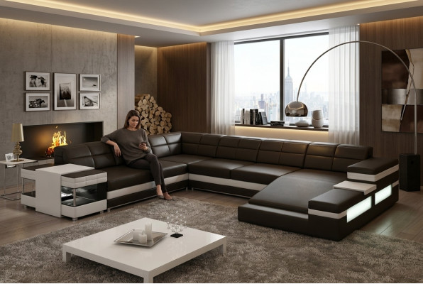 Ledersofa Canapé Wunnlandschaft Ecksofa Eck Garnitur Design Modern Sofa 1201B