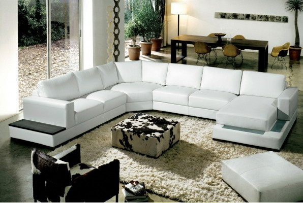 Grouss Ledersofa Couch Sëtz Polster Eck Garnitur Wunnlandschaft mat Beliichtung