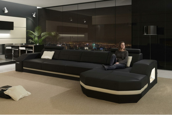 Elegant schwaarzt Ecksofa an L-Form Stilvoll Miwwelen fir Äert Doheem