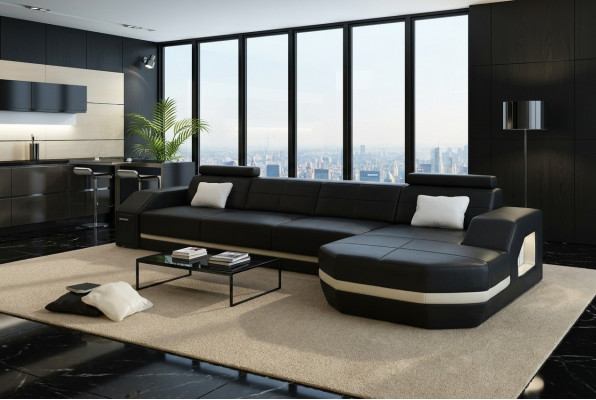 Elegant schwaarzt Ecksofa an L-Form Stilvoll Miwwelen fir Äert Doheem