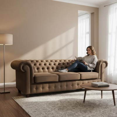 Chesterfield Cambridge 3-Sëtzer mat Bettfunktion Couch Polstersofa Couchen Nei