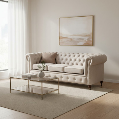 Design Klassiker Chesterfield Polstersofa Couch Garnitur 3 Sëtzer Ledersofa Nei
