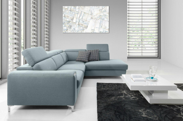 Designer-gemittlecht, mëllt Eckcouch an exquisitem Blo fir d'Wunnzëmmer