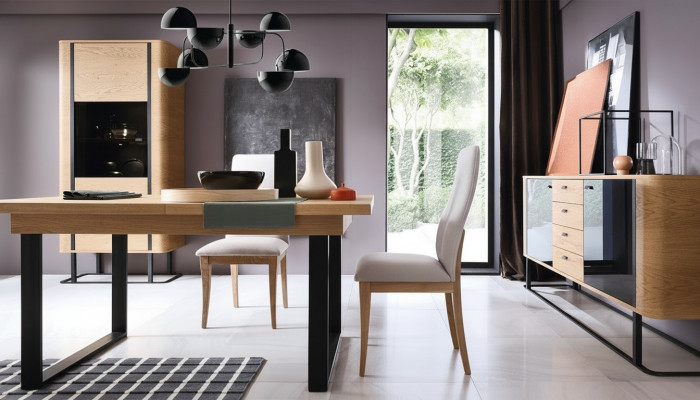 Heemzëmmer-Miwwel-Saz vun héijer Qualitéit Vitrinn + Iessdësch + Sideboard Kommode