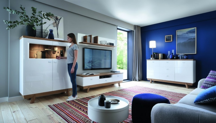 Wohnzëmmer -Garnitur Set Wunnwand Sideboard Vitrin Regal Design Hotel Miwwelen Neit