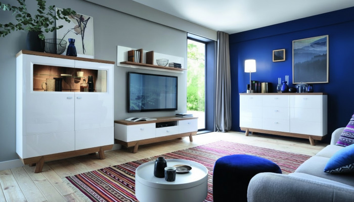 Wohnzëmmer -Garnitur Set Wunnwand Sideboard Vitrin Regal Design Hotel Miwwelen Neit