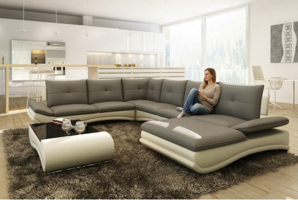 Ledersofa XXL U Form Wunnzëmmer Couch Sofa Grouss Ledercouch Sofas