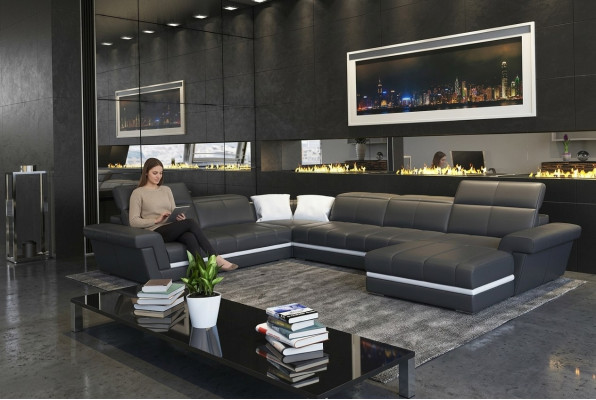 Ledercouch Couch Wohnlandschaft U-Form Design Modern Sofacen Couchen