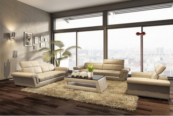 Designer Sofagarnitur Polster Ledersofa Canapé Set Kombinatioun 3+2+1