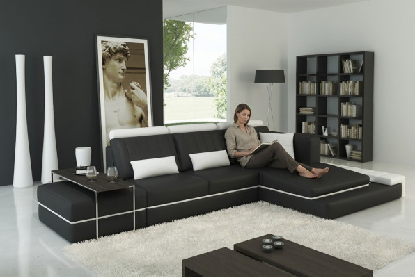 Modern Eckcouch fir d'Wunnzëmmer, gepolstert Eck Ledercouch Set an L-Form.