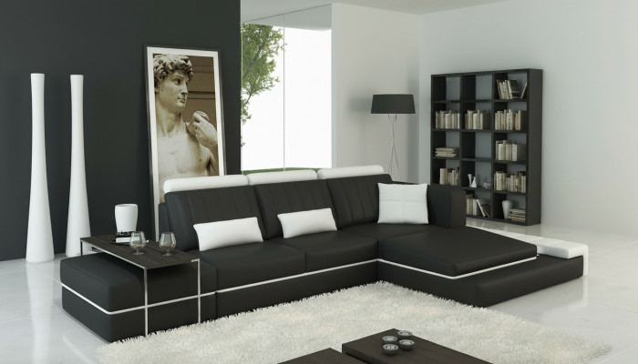 Modern Eckcouch fir d'Wunnzëmmer, gepolstert Eck Ledercouch Set an L-Form.